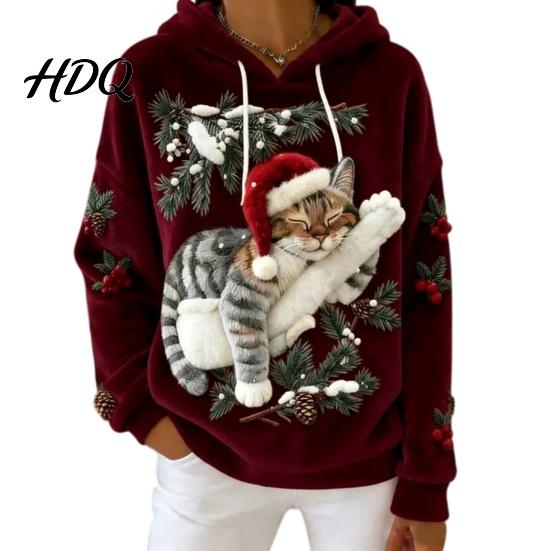 Christmas Cat Print Hoodie Women Hoodie Oversized Long Sleeve Pullover Sweatshirt Daily Wear Sweatshirt Casual Loose Drawstring Hooded Top