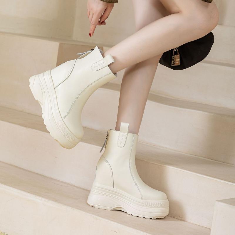 Fashion 11CM Platform Wedge Hidden Heel Women Ankle Boots Flock Leather Warm Female Wedge Shoes Zipper Winter Shoes Sneakers 2024