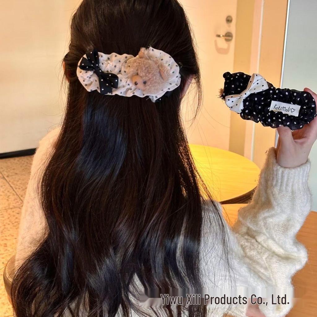 Polka Dot Banana Clip Teddy Bear with High Ponytail - Cute Autumn/Winter Academy Style