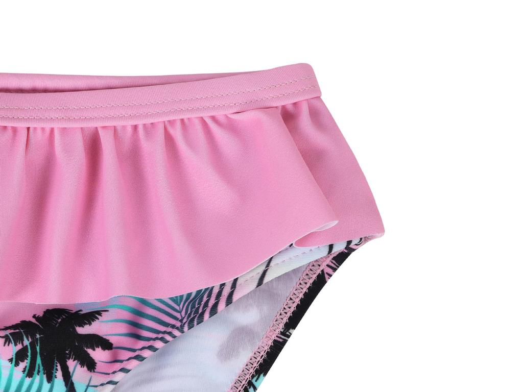 Tropical Plant Print Girls' Long-Sleeved Swimsuit Set with Ruffle Bottoms - Quick-Dry & Sun Protection