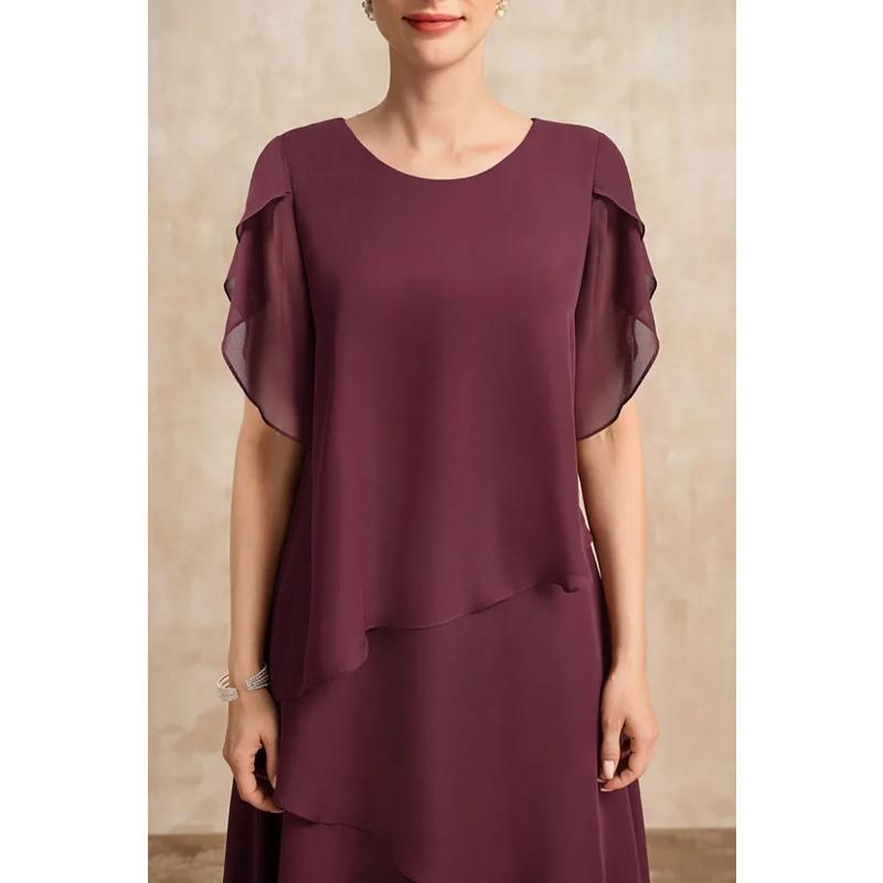Elegante Brautmutterkleider Unregelmäßig Lagenärmel Blütenärmel Fließendes Maxikleid Party Hochzeitsgastkleid Große Größen