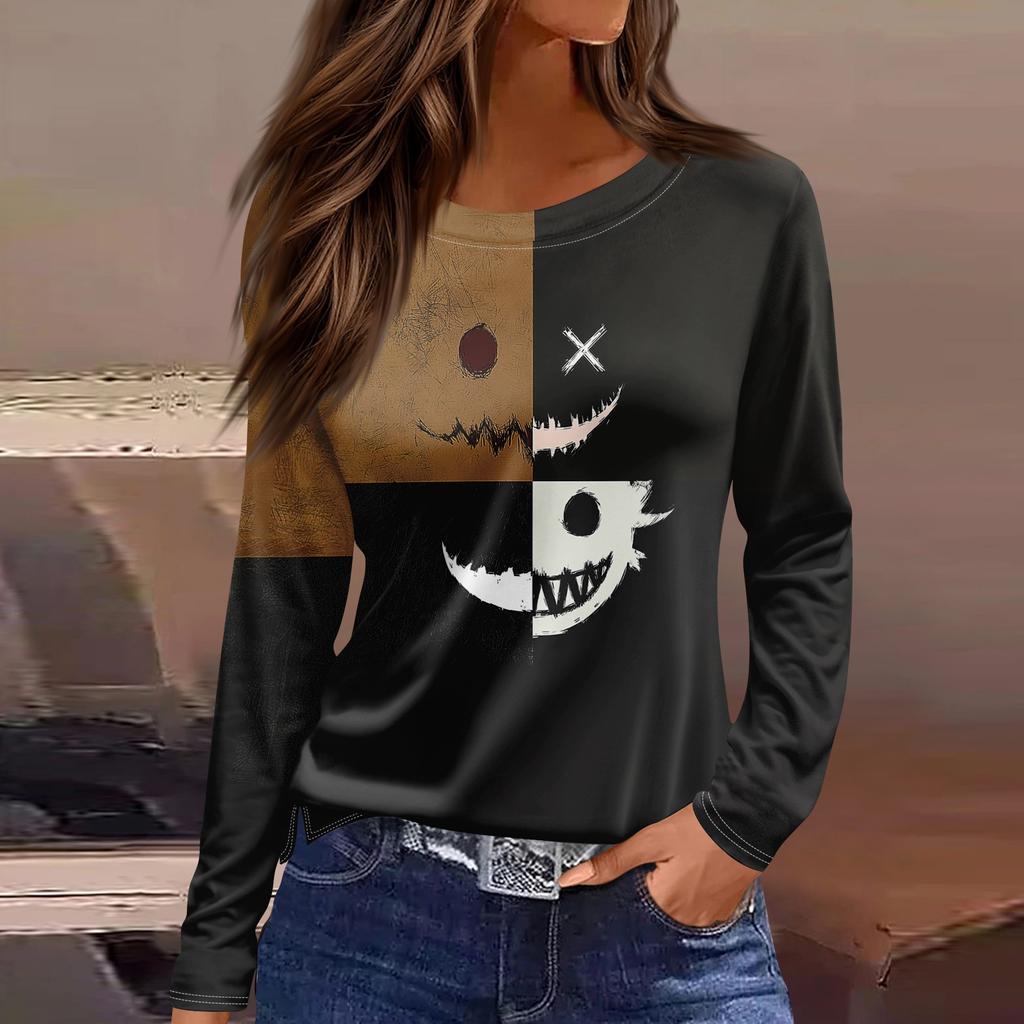 Women's Halloween Print Long Sleeve Round Neck Casual Top with Side Slit