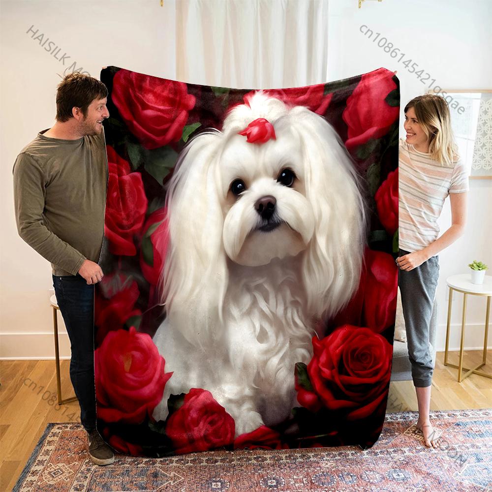 

Maltese dog and roses Pattern Blanket Warm Soft Fluffy Kids and Adult Sofa Bed Throw Blanket Suitable Home Travel Camping 75x90cm