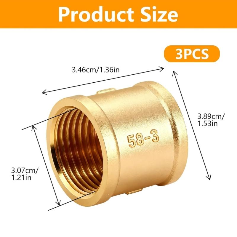 3lots 1 Inch Internal Thread Brass Couplings Includes Tape for Secure Sealing In Water Pipe Applications
