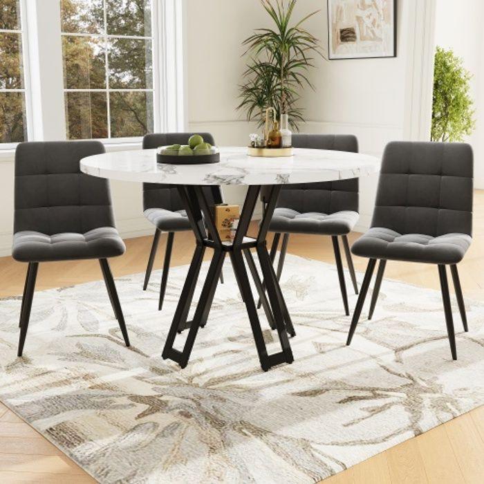Ensemble table à manger - MUVOE - 5 pièces - Pieds noirs - Plateau marbré blanc - Chaises en velours gris