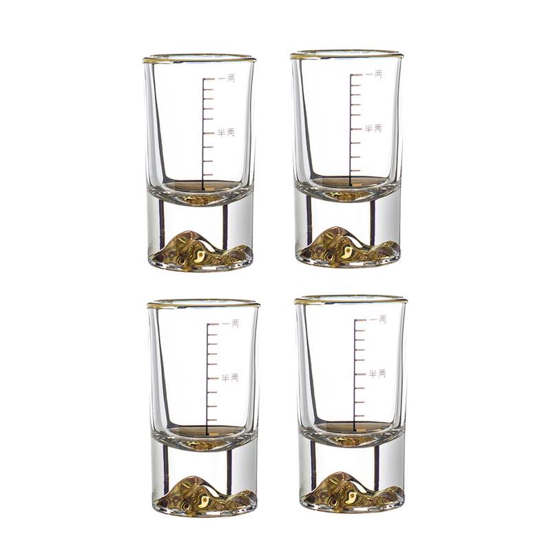 

50 мл Золотая горная кружка со шкалой 4 шт SGlass Роскошная золотая фольга кружка для напитков Маленькая стеклянная кружка Baijiu с толстым дном для спиртных напитков 4pcs