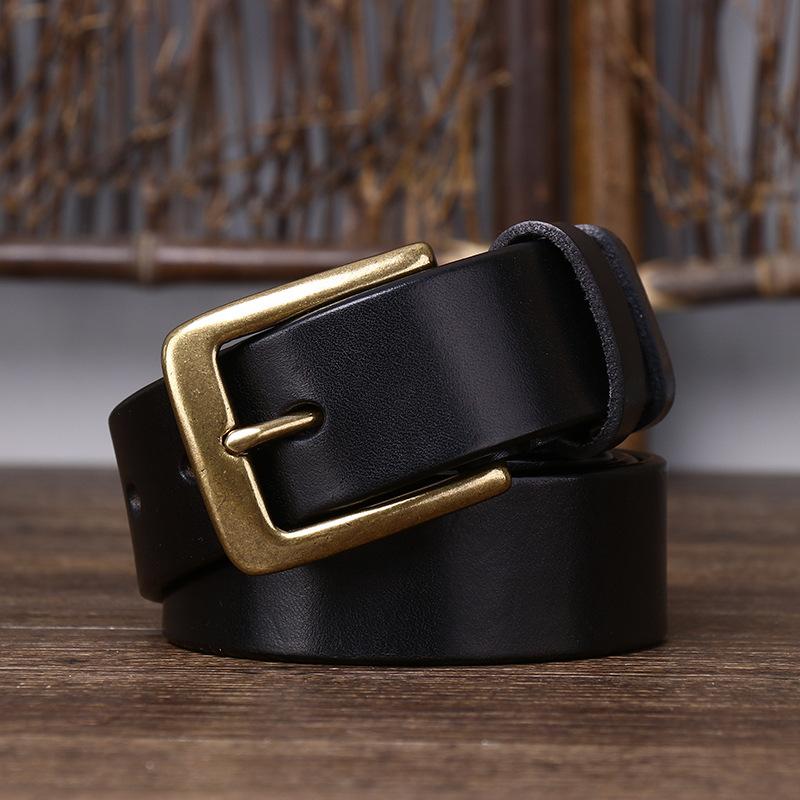 Belt Men's Wide Pure Brass Buckle Leather Pin Buckle First Layer Pure Cattlehide Stylish Simple and Versatile Casual Pants Belt