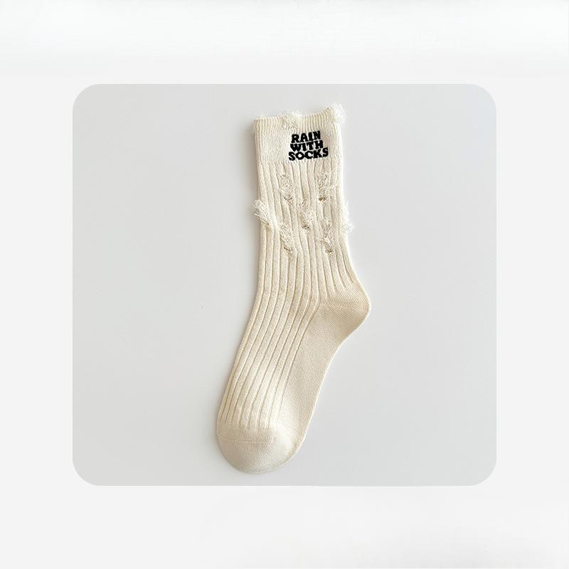 Female Summer Trend All Match Letter Embroidery Broken Hole Antibacterial Deodorant Cotton Socks