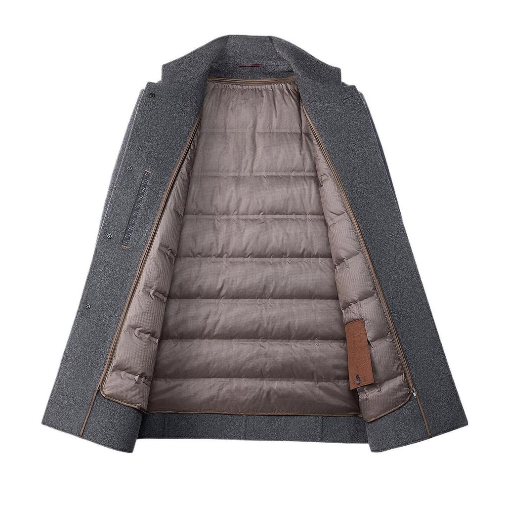 Men's Mid-length Double-sided Cashmere Coat with Detachable Down Liner, Thickened and Warm for Mid-aged