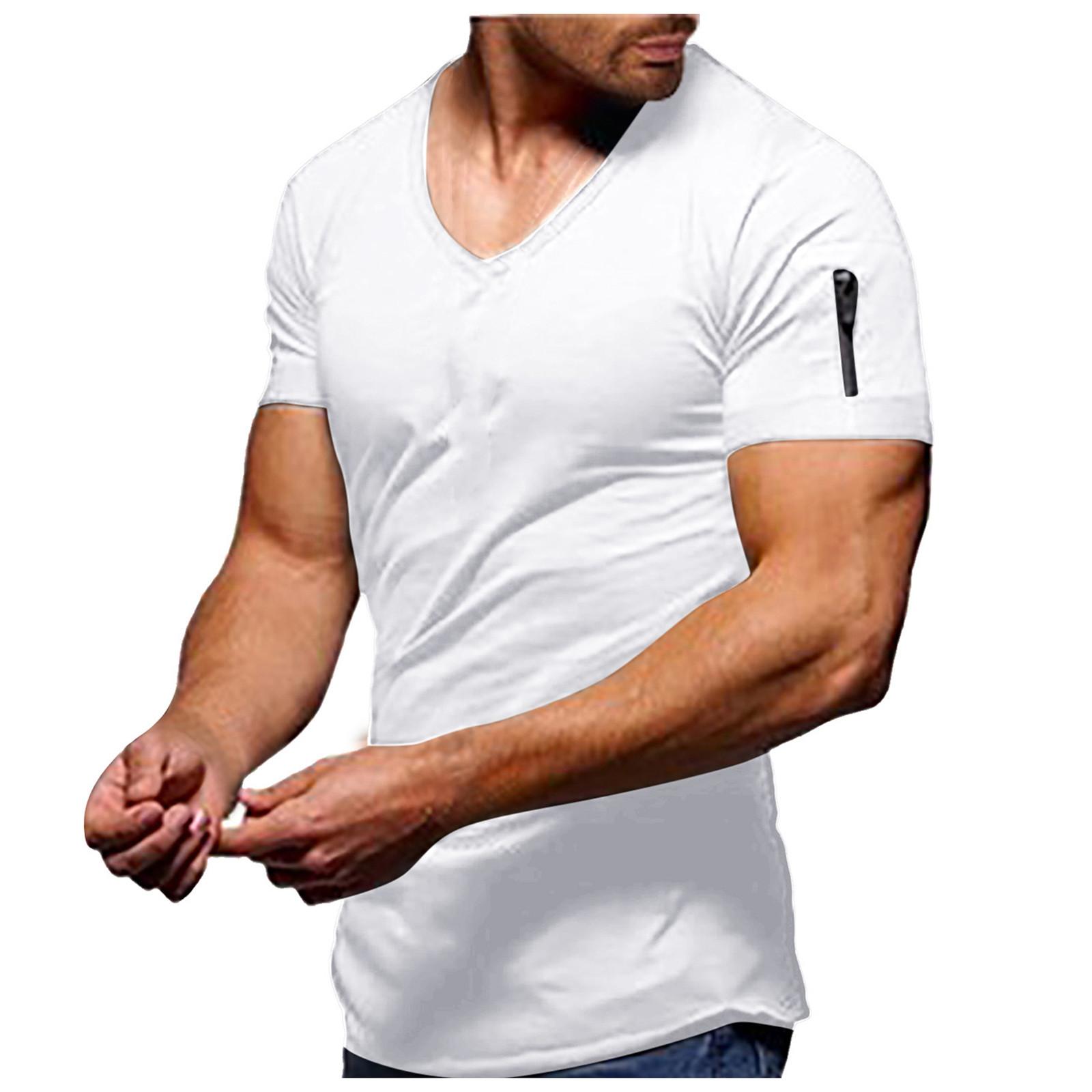

Мужчины Лето сплошной цвет плюс размер V-образный вырез на молнии с короткими рукавами XXL белый