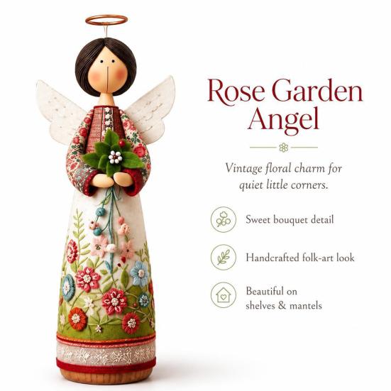 Hand-carved Decoration Vintage Floral Figurine Ornament, Hand Carved Flower Angel Statue, Decorative Figure with Wings Home Table for Living