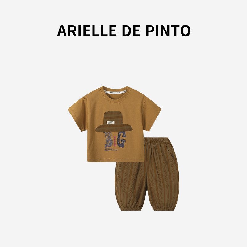 French Arielle De Pinto Boys Summer Letter-Printed Stylish Street-Style Short-Sleeve Two-Piece Set Curry color 140