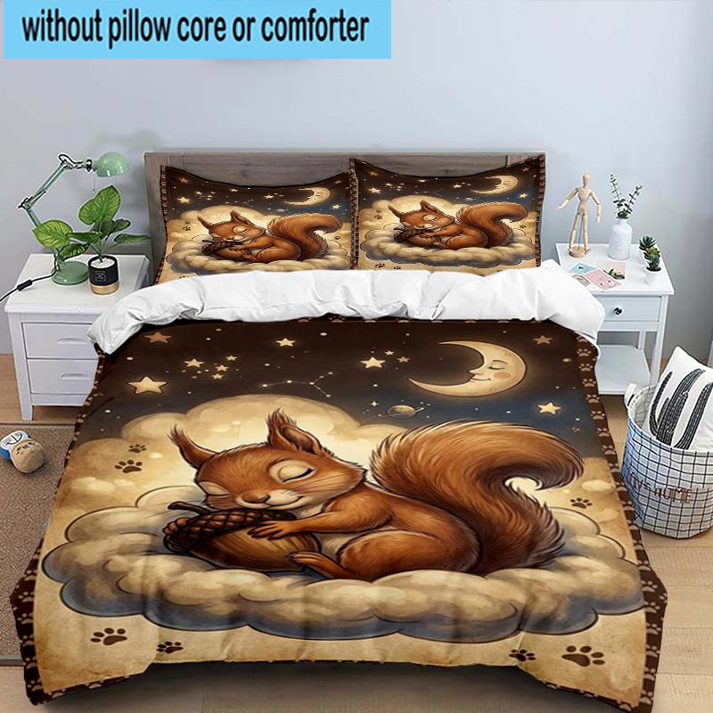 Squirrel Dreams Under Moonlight 3pcs Bedding,Including 1pc Duvet Cover And 2pcs Pillowcases Perfect for Christmas,Ideal for Bedroom, Dormitory