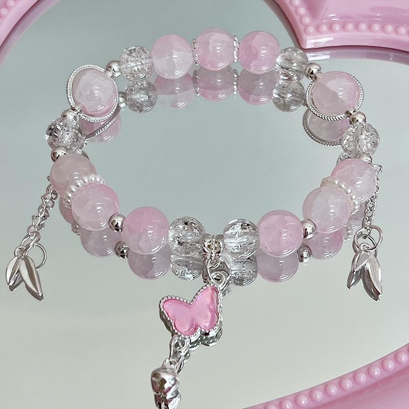 Korean Pink Crystal Flowers Butterfly Pendant Beaded Bracelet For Women Sweet Beads Chain Bracelets Girlfriend Jewelry Gifts