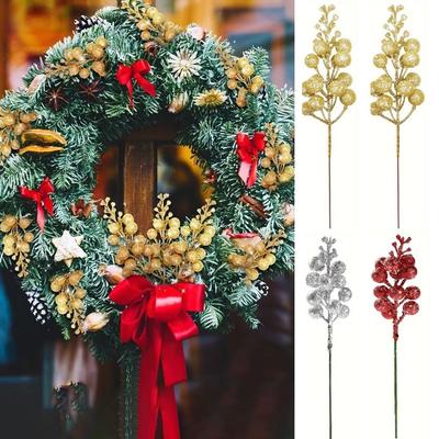 10Pcs Ornaments Glitter Artificial Flowers DIY Garland Gold Powder Berry Bouquet Branches Christmas Decoration New Year