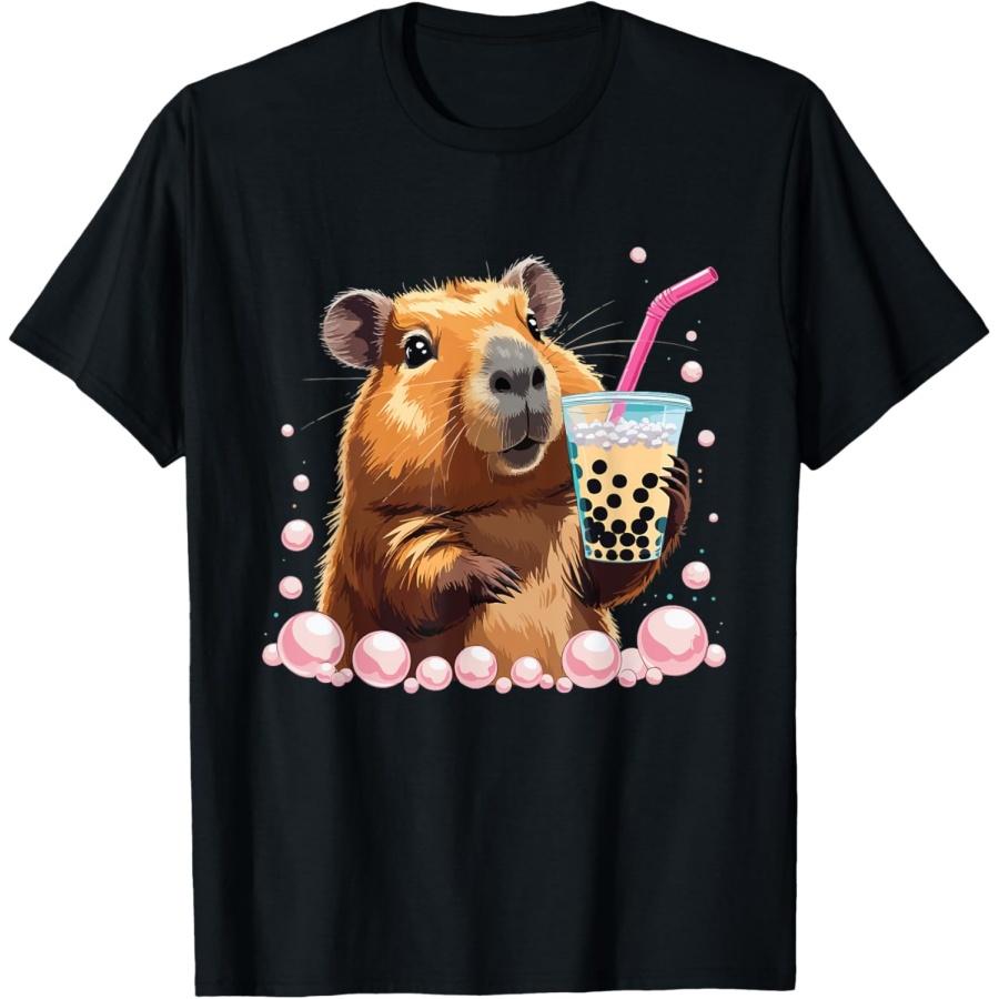 Capybara Kawaii Anime Drinking Bubble Tea T-Shirt S