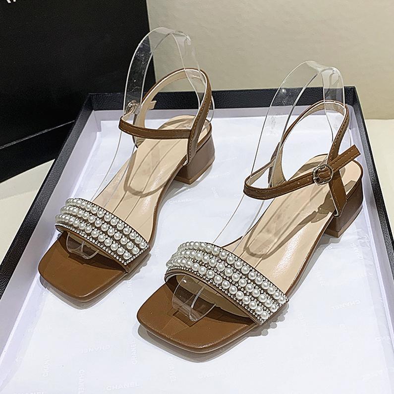 

Fashion 2025Summer Fashion Crystal Women Mid Heels Sandals Elegant Heeled Shoes Chunky Pumps Square Toe Shallow Buckle Chaussures Femme 43