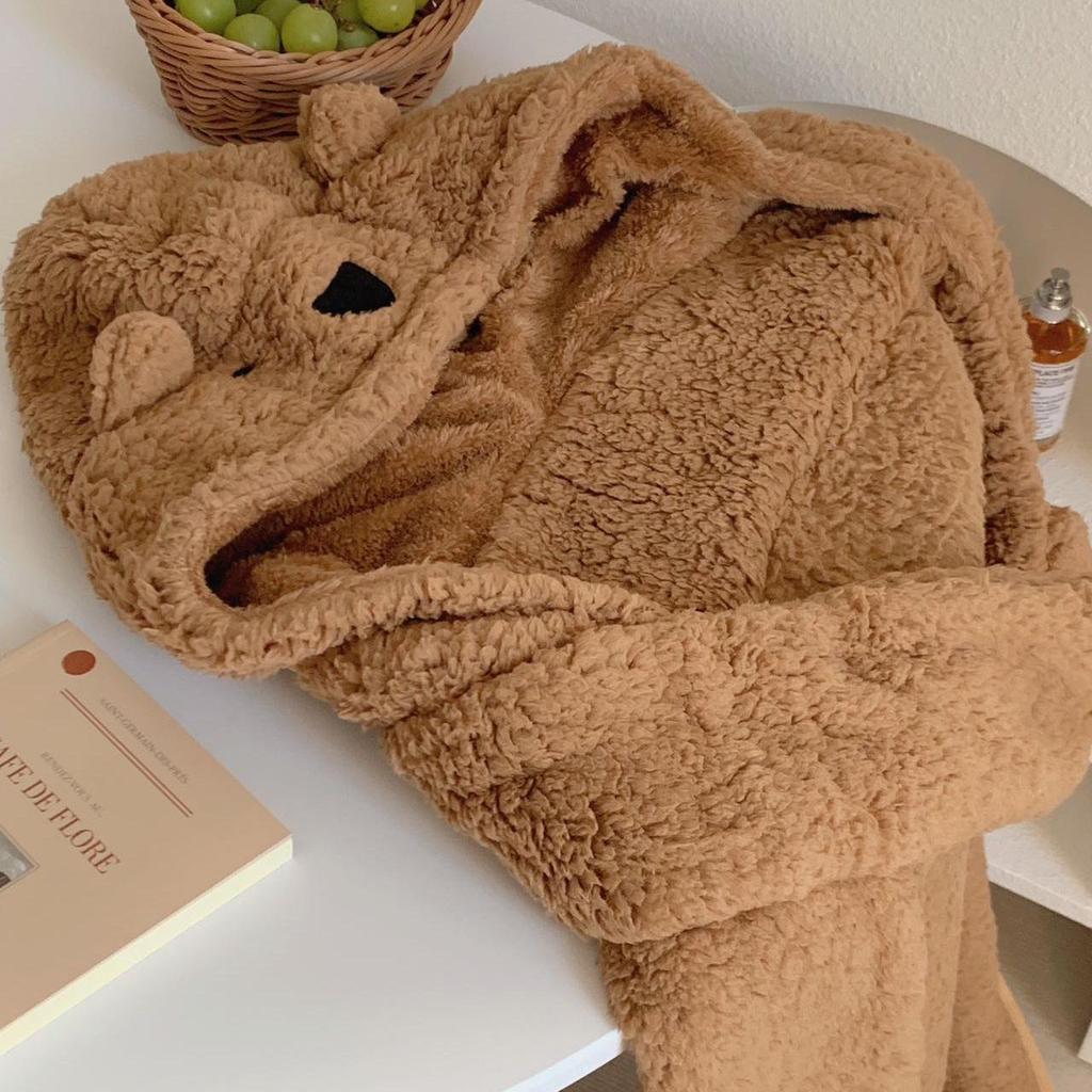 2024 Cute Cartoon Bear Hooded Shawl Blanket - Cozy and Thick for Women
