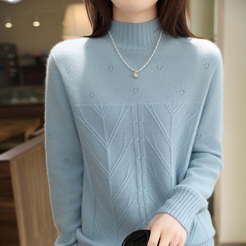 Fall/Winter Women's 100% Pure Wool Heart Jacquard High Neck Sweater Pullover