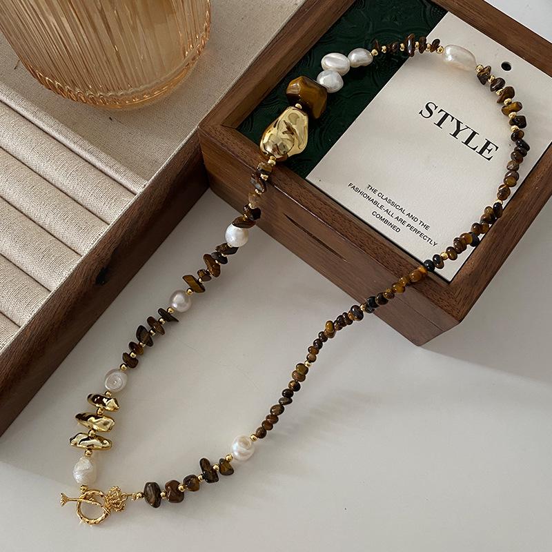

Baroque Pearl & Tiger Eye Beaded Choker Necklace - Handmade, Non-fading Jewelry
