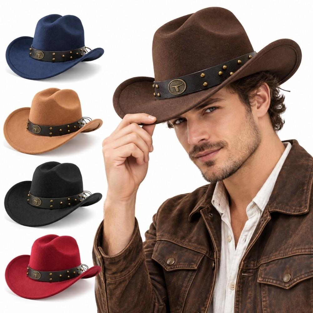 Faux Suede Wide Brim Hat Bull Head Rivet Faux Suede Hat Fashion Western Cowboy Hat  For Men Women