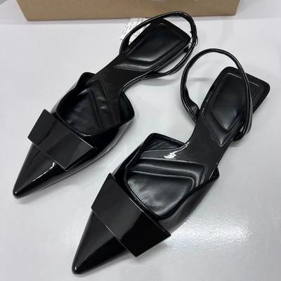 Letnie Damskie Płaskie Sandały Proste Płytkie Usta Kwadratowa Klamra Dekoracja Eleganckie Szpiczasty Nosek Sukienka Biuro Pani Buty