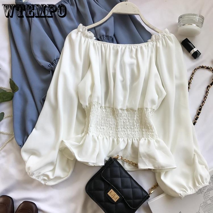 One Shoulder Off Shoulder Chiffon Shirt for Women In Spring and Autumn Women's Waist Cinched Ruffle Edge Shirt