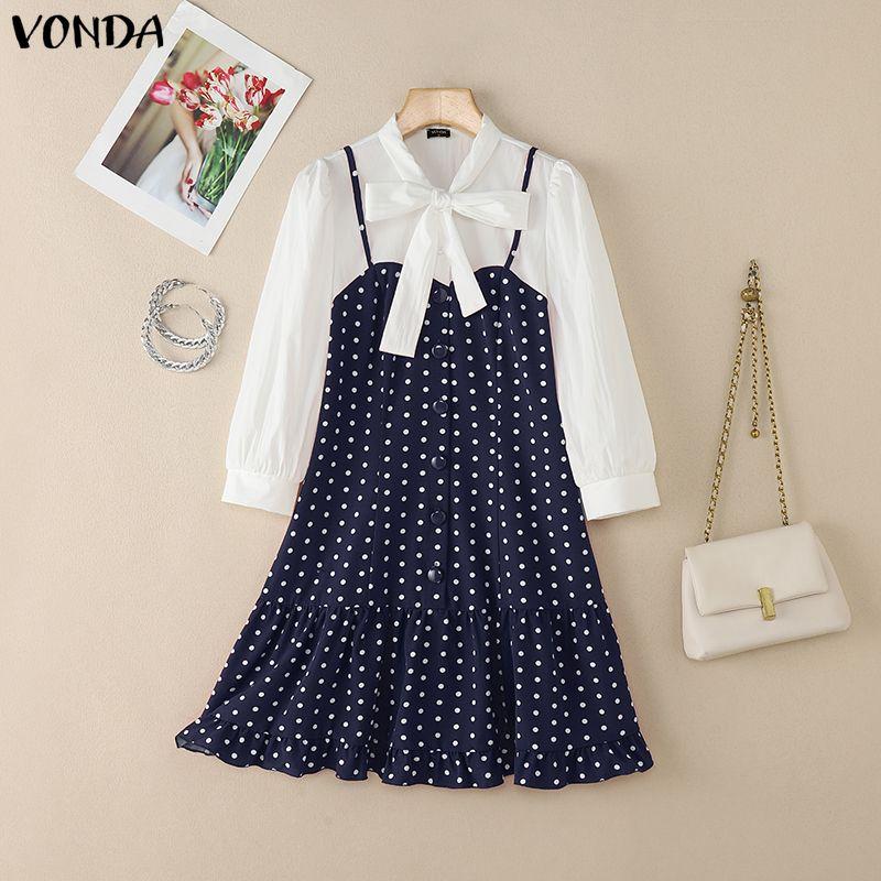 

VONDA Women Casual Bow Knot Collar Long Sleeve Fake Two-piece Patchwork Ruffled Dress 5XL