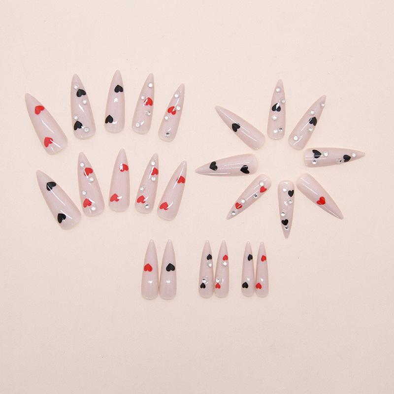 European and American long-pointed double-spell mandarin duck color black and white love wearing nail Spice girl sweet and cool fake nail diamond