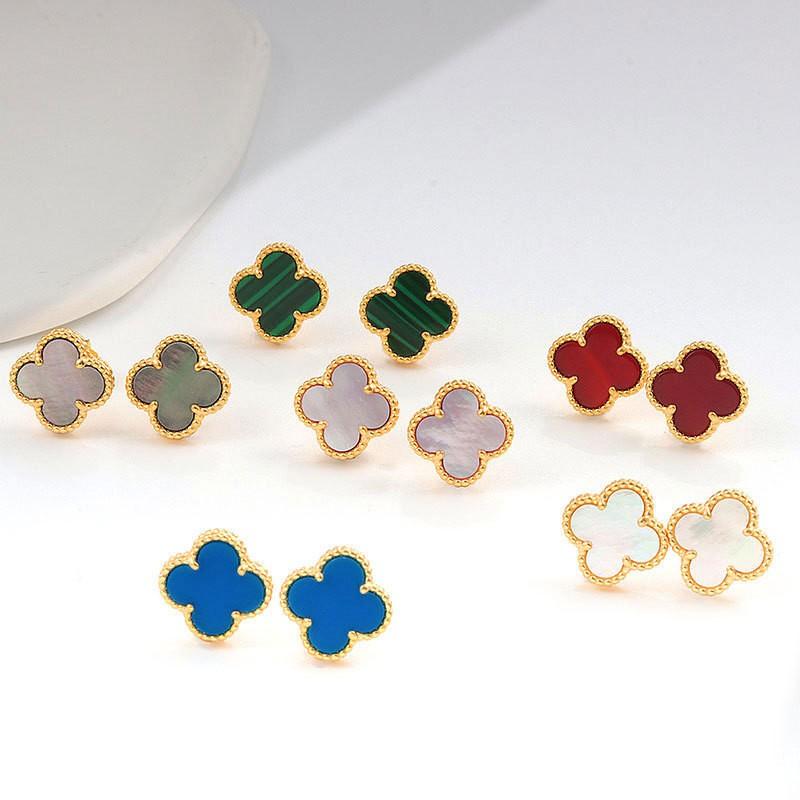 Womens Four Leaf Clover Earrings 18K Gold Plated Red Agate Luxury Fashion Jewelry