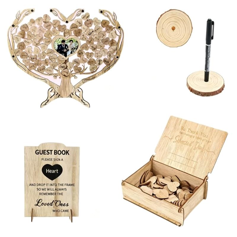 Romantics Wooden Wedding Guest Book With Heart Picture Frame For Bridals Shower And Anniversary Celebration