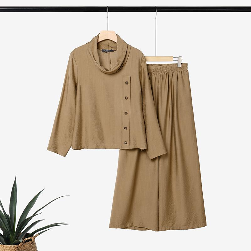 ZANZEA Womens Vintage 2PCS Sets Cowl Neck Blouse and Wide Leg Trousers Casual Loose Suit Autumn Spring Outfits