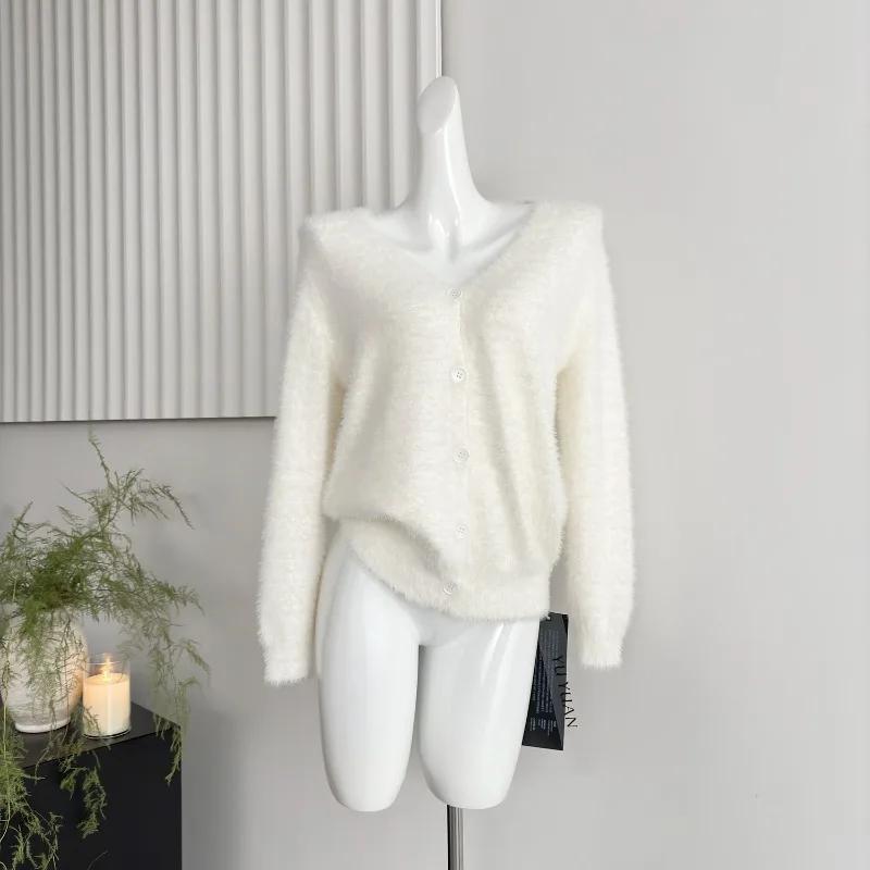

Зимняя японская вязаная норковая шуба женская свободная с V-образным вырезом повседневный дизайн вязаный кардиган белый темперамент 2000-х женская одежда L бежевый