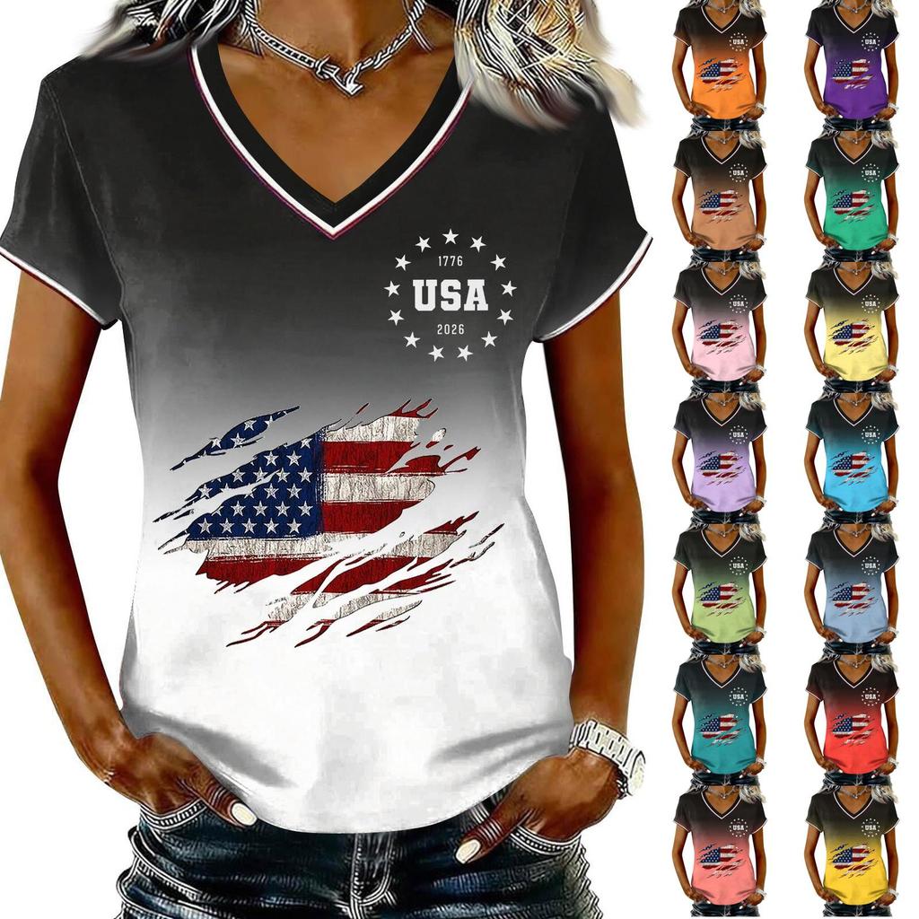 T-shirt Pull Col V Manches Courtes Décontracté pour Femme Imprimé Patriotique Dégradé Haut Jour de l'Indépendance T-shirt Graphique Drapeau USA