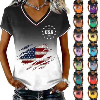 Women Casual V Neck Short Sleeve Pullover T Shirt Gradient Patriotic Print Independence Day Top USA Flag Graphic Tee