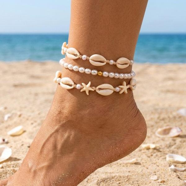 Summer Multilayer Stacked Rice Bead Ankle Chains For Women Boho Starfish Shell Conch Foot Chain Daily Beach Party Foot Jewelry