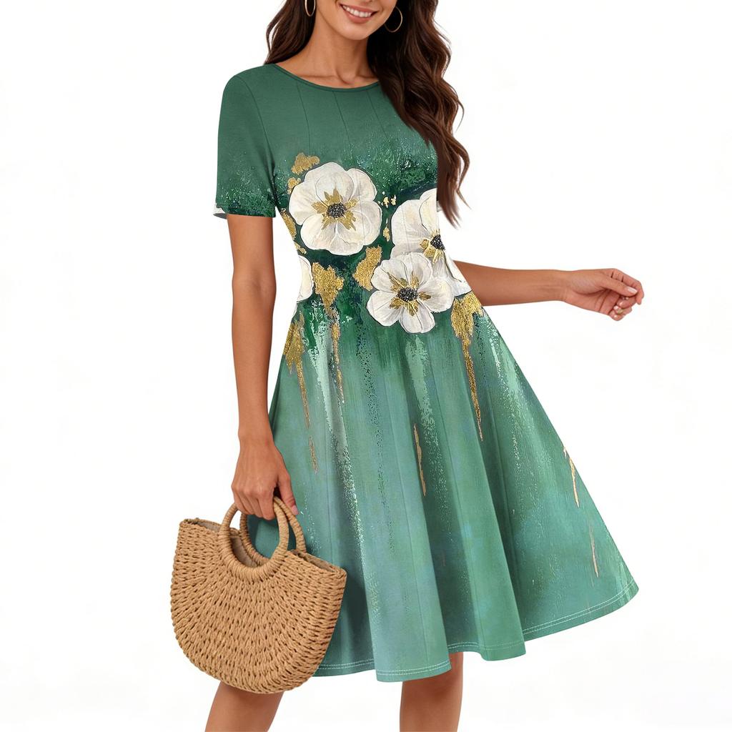 Women Casual Printed Round Neck Long Dress