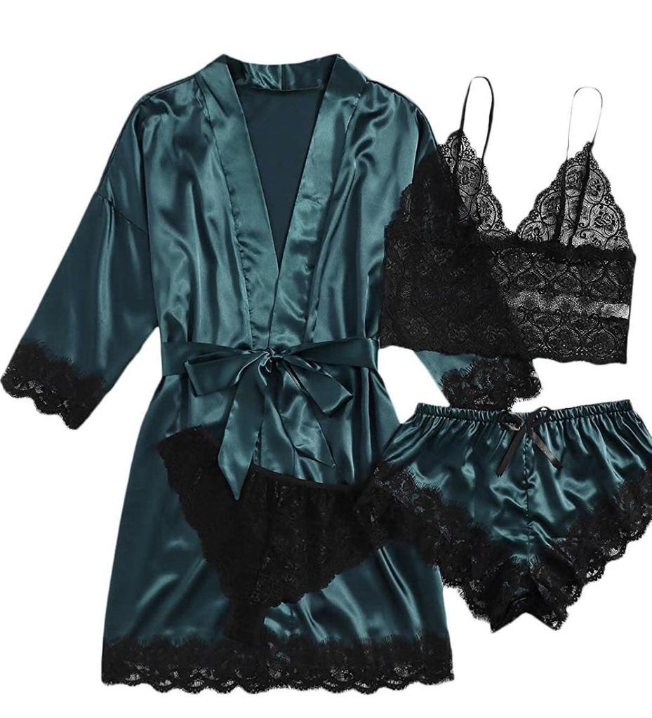 European & American Lace Satin Women's 4-Piece Pajama Set - Sexy, Seductive Nightgown & Robe