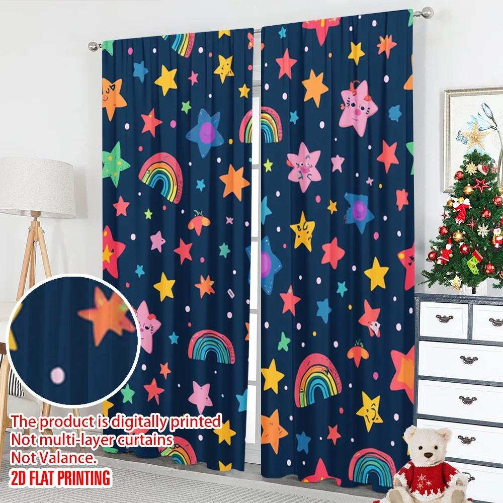 Set Of 2 Flat Printing Drapes Starry Sky Rainbow Digital Printed Polyester Festive Wall Decor Perfect Home Party Curtain