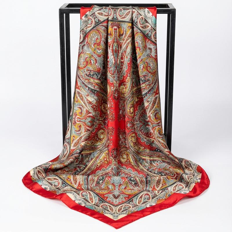Luxury Brand Square Silk Scarf Women Satin Paisley Print Hijab Scarves Muslim Pareo Bandana Female Shawl Wrap Headband Foulard