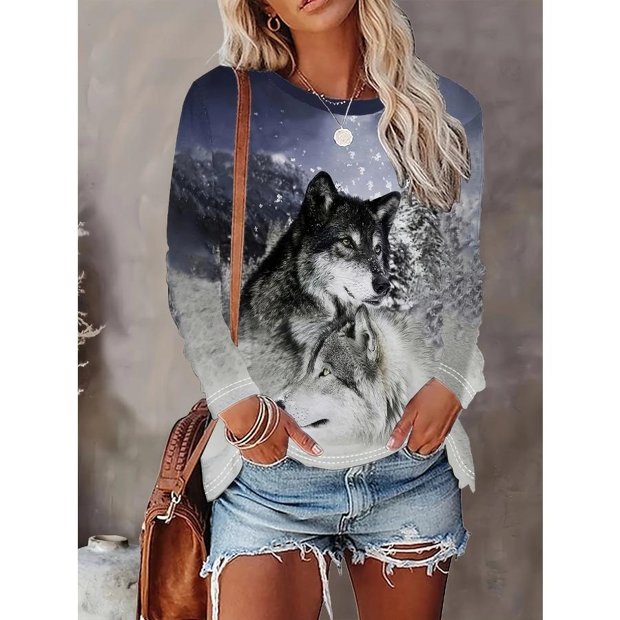 Women's 2024 Sleeves Stitching Fox Print Round Neck Long Sleeve Party Autumn Casual Pullover 3d Printing Casual Fashion Tops