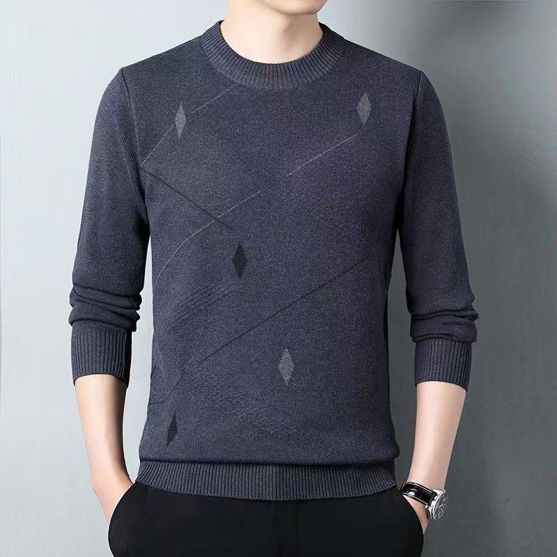 Korean High-end Autumn New Fleece Thickened Winter Warm Sweater Men's Solid Print O-neck Pullover Patchwork Knit Long Sleeve Top