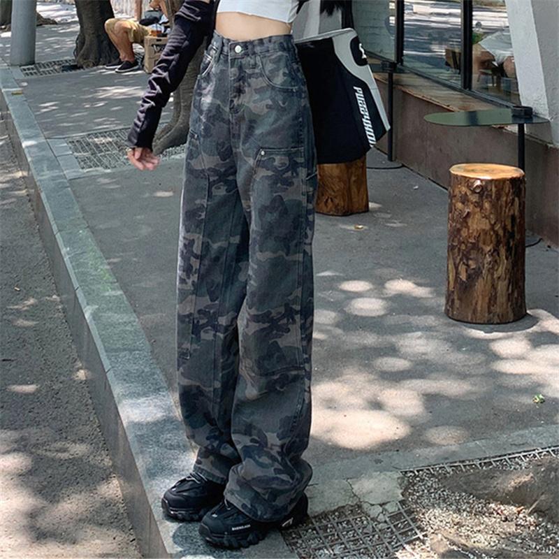 Tendință Streetwear de toamnă, blugi de camuflaj cu talie înaltă, pantaloni cargo pentru femei, blugi drepți, pantaloni largi, pantaloni casual din denim