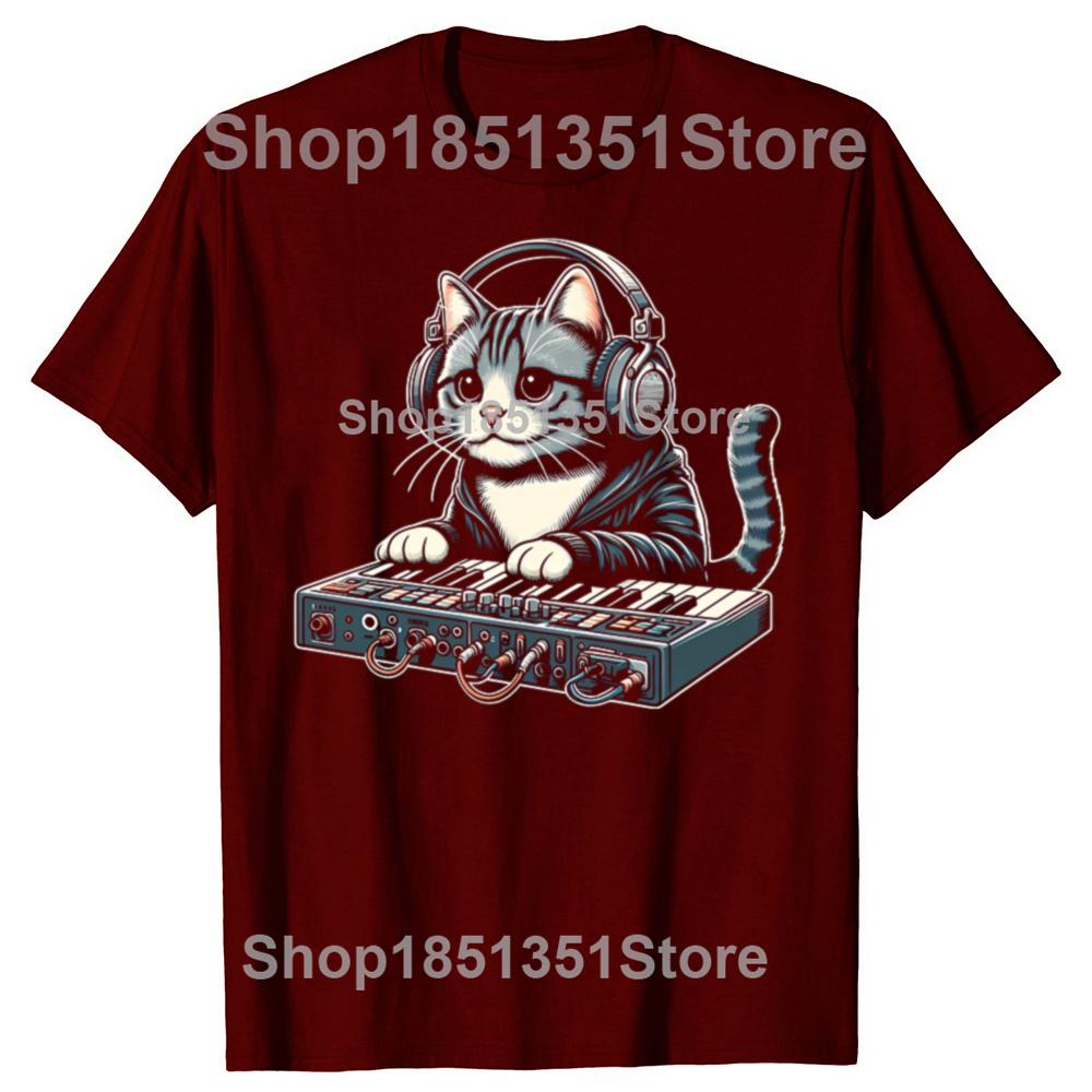 Funny Cat Synthesizer Music Synth Electro Techno Graphic Tshirts Men Fashion Casual Tshirt 100 Cotton Loose Oversized T Shirt