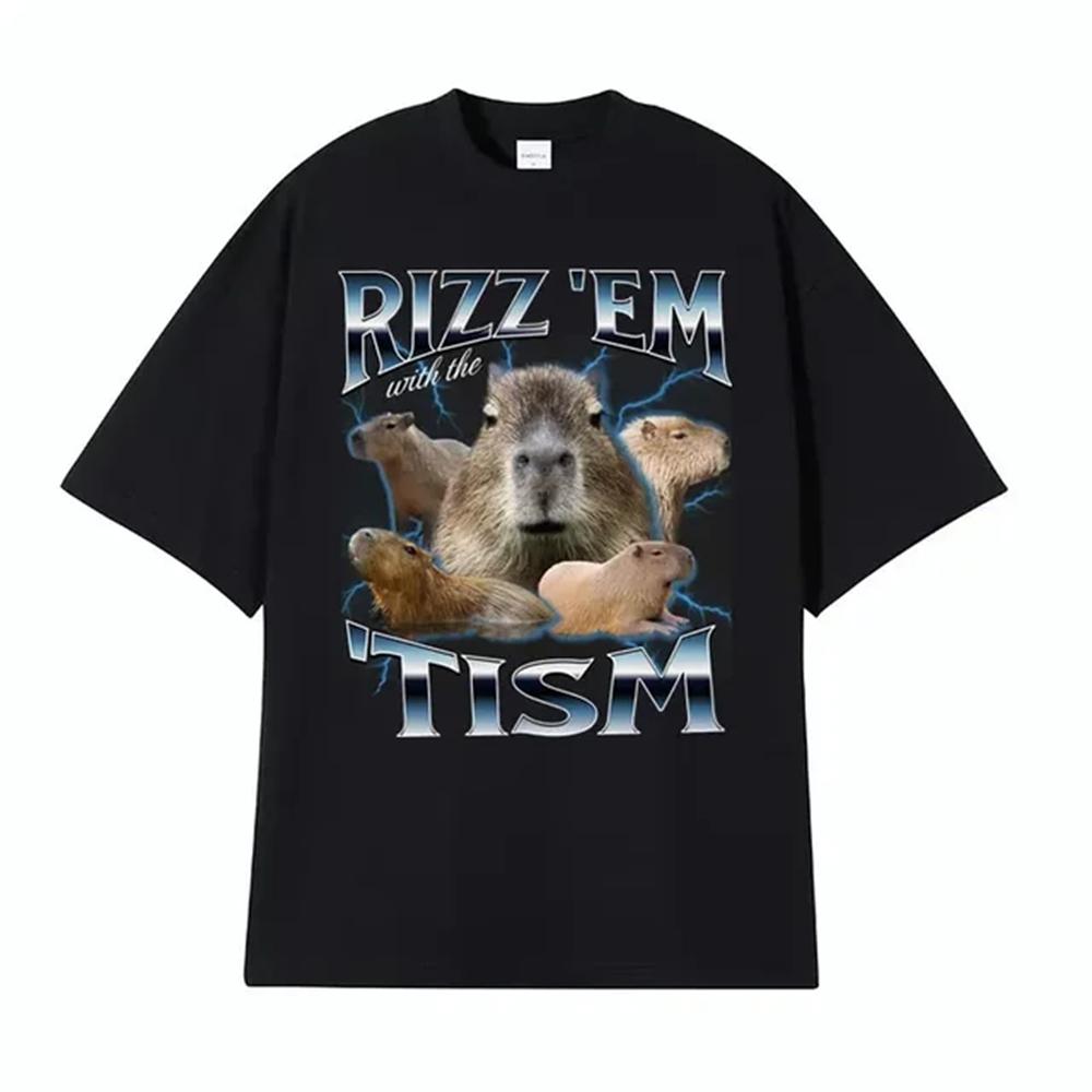 Rizz Em with The Tism Retro T Shirt Funny Cute Kawaii Capybara Meme T-shirt Men's Women Casual Fashion Humor Short Sleeve 82904