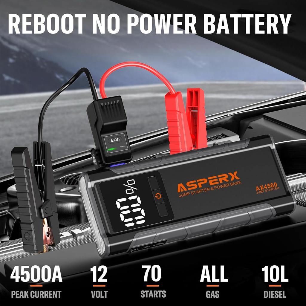 AX4500 Jump Starter, 4500A Peak, 12V Lithium Battery Booster with 4' LCD & LED Light