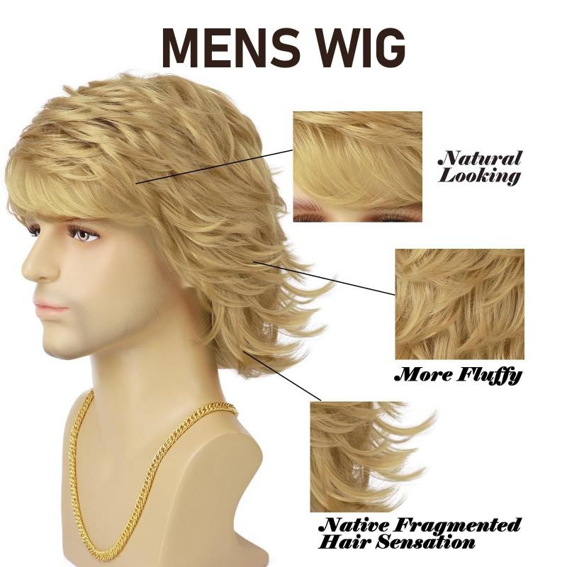 Mens Short Wig Golden Curly Hair Side Bangs Synthetic Daily Wear
