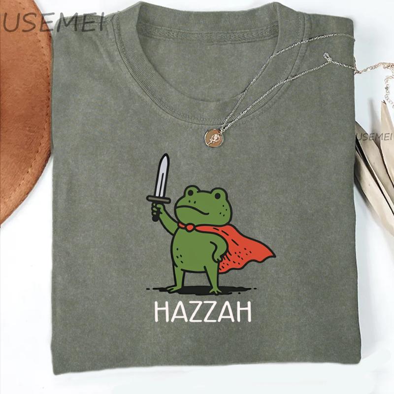 T-shirt Huzzah Rana con Spada Divertente T-shirt DnD Cotone Manica Corta Girocollo Streetwear Magliette Grafiche Y2k Abbigliamento Largo