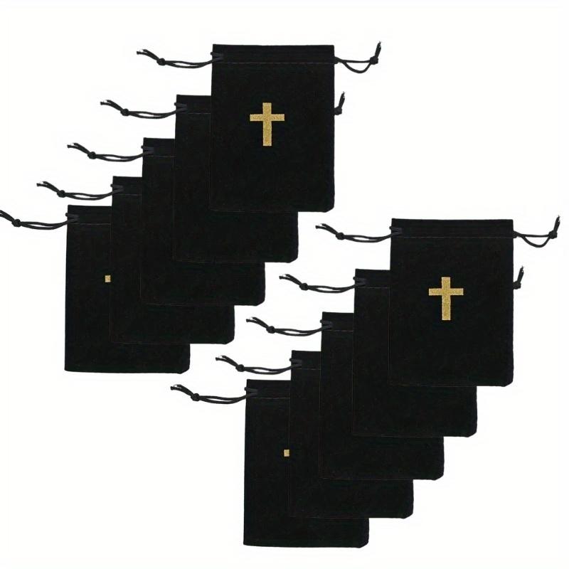 10Pcs Cross Pattern Bag with Drawstring Gift Packaging Bag Black Fabric Pouch for Necklace Earrings Elegant Storage Pouches