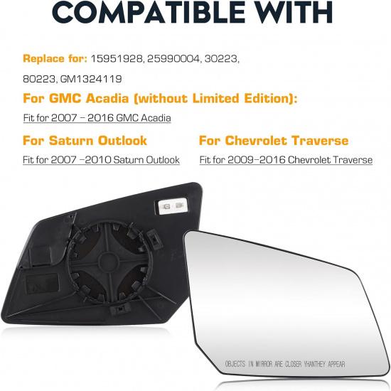 New Passenger Right Side Heated Mirror Compatible With GMC Acadia Chevy Traverse Saturn Outlook Replacement For 15951928, 25990004, 30223, 80223,